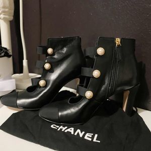 Chanel Black leather pearl booties